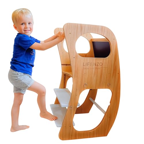 LIFENZO Toddler Tower – Marchepied réglable 4 en 1, chaise haute, mode à bascule, tableau noir, activités Montessori et rails de sécurité – Aide de cuisine en bois pour les tout-petits, supporte