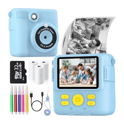 Cámara para niños con impresión instantánea, cámara instantánea de 1080P, Pantalla de 2,4 Pulgadas, grabación de Video HD, Tarjeta de 32 GB 3 Rollos de Papel fotográfico cumpleaños,Blue