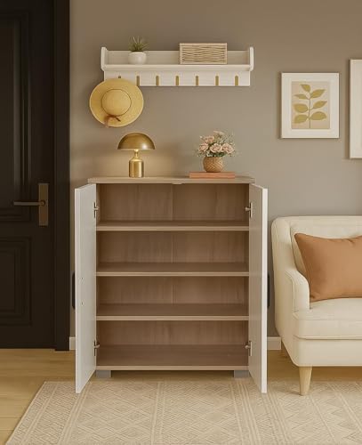 Image of Mevigo Shoe Rack Wooden with Door - 2 Door 4- Tier Engineered Wood Shoe Rack Organizer for Entryway, Hallway & Bedroom, Space Saving Shoe Storage Cabinet -White-HC1