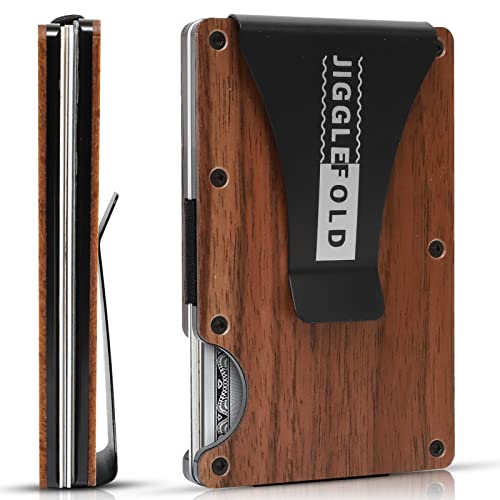 JiggleFold Slim Minimalist Wallet for Men, Front Pocket Credit Card Holder with Money Clip, Rustic Wood Craftsmanship, Lightweight and Portable Travel Use (Dark Brown)