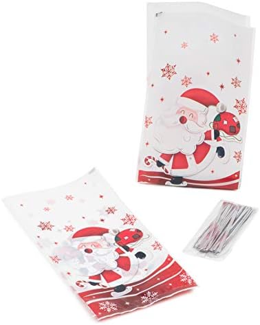 LSP - Christmas Treat Bags - 50 Pack of 10" x 5" x 2" Santa Cellophane Bag - Side Gusset - Treat Party Favour Bag - Cello Gift Bag for Candy Cookies Bakery Mugs - 50 Silver Twist Ties