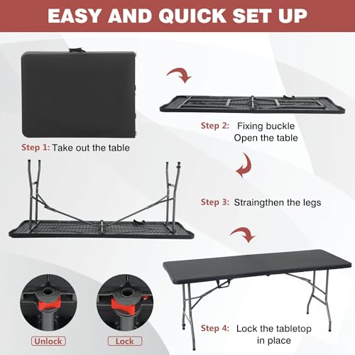 Table pliante robuste 1,80 m portable noire avec poignées ergonomiques