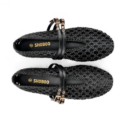 Image of Women's Woven Mary Jane Flats - Mesh Ballet Flats with Adjustable Double Metal Buckle Strap and Round Toe