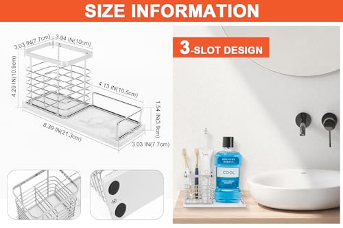 Image of Toothbrush Holder, Luxurious Metal Toothbrush Toothpaste Holder with Marble Base for Bathroom, Multi-Slots Openwork Design, Bathroom Accessory for Storage and Organizer (Large, Chrome)