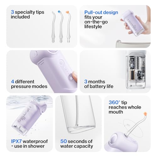 usmile C10 Portable Water Flosser – Travel-Friendly, 95-Day Battery, 4 Modes, 360° Nozzle, 180ml Tank, IPX7 Waterproof, Dentist-Recommended for Braces, Implants & Sensitive Gums (Purple)
