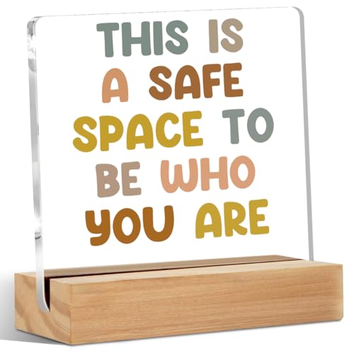 Boho Office Decor,This is a Safe Space to Be Who You are Acrylic Sign Desk Therapy Office Decor,Inspirational Boho Desk Accessories Decoration For Classroom Therapy Room Wall Shelf Table Decorations