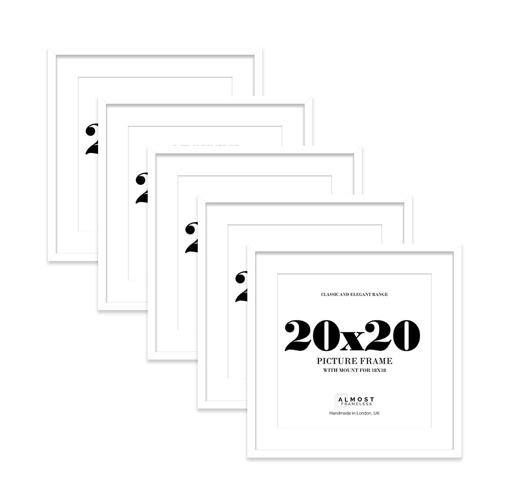 20x20 White Picture Frame with Mount for 18x18 Photos, Prints - Modern Square Wall Frame, Set of 5