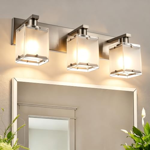 Image of 3-Lights Bathroom Vanity Light Fixtures, Modern Brushed Nickel Vanity Lights with Rectangular Frosted Glass Shade, Wall Sconce Lighting for Living Room Bedroom Kitchen, E26 Bulb Base