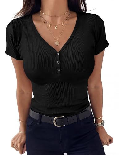 Aottori Summer T Shirt Women UK Short Sleeve Ribbed Tops Ladies V Neck Button Down Tee Shirts Sexy Fitted Plain Basic Tunic Top Black XL