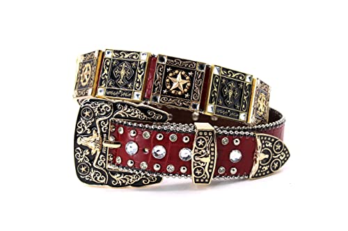 Genuine Leather Belt for Women & Cowboy Big Rhinestone With Engraved Buckle Country Style