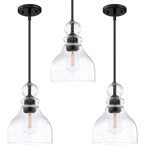 Dolaimi House 3 Pack 1 Light Pendant Ceiling Light Adjustable Rod Kitchen Island 6.5" Seeded Glass Black Finish Modern Industrial Farmhouse Lighting for Bedroom Sink Cover