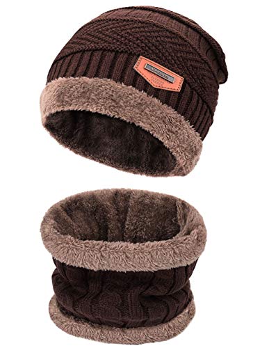 Petrunup Conjunto Beanie Gorro de Punto y Bufandas Grandes y Cálidas Hombre Unisex Forro Suave Invierno al Aire Libre Esquí Traje Cálido 2 Piezas para Hombre Mujer,Marrón