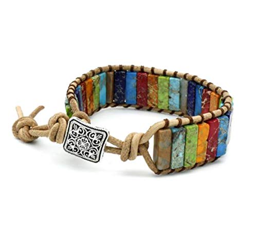 Boho Leather Chakra Handmade Imperial Jasper Wrap Adjustable Bead Bracelet (Color 1)