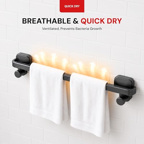 Image of Amazon Basics Suction Towel Holder for Bathroom - Rust - Free Powder Coated Wall Mounted Towel Rack No Drill Towel Rack Modern Bathroom Accessories Organizer Grey
