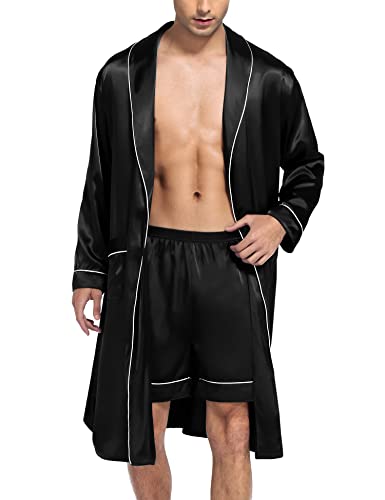 SWOMOG Men's Satin Robe Silky Kimono Bathrobe with Shorts Set Lightweight Soft Loungewear Nightwear4