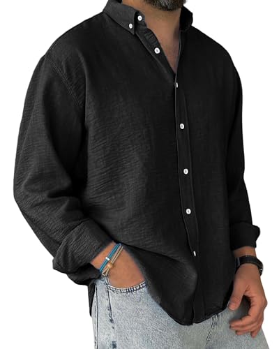 Men's Button Down Shirt Cotton Casual Long Sleeve Shirts Solid Collared Summer Beach Wedding Shirt