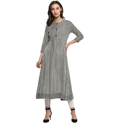 Idalia Womens Black and White Cotton Striped Flared Kurta (M)