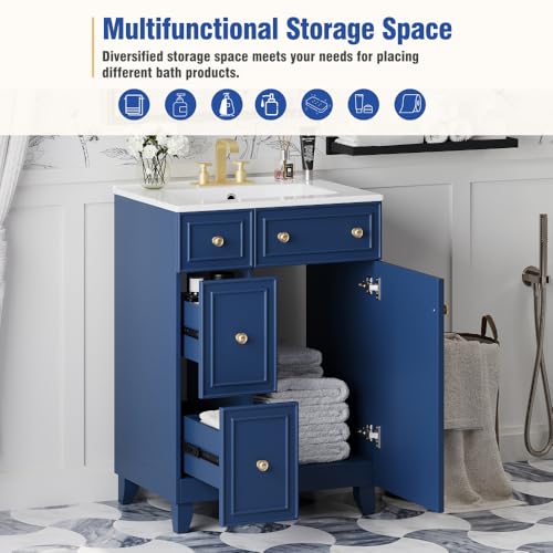 Image of 24 Inch Bathroom Vanity with Ceramic Sink, Freestanding Vanity Cabinet with 2 Drawers and 1 Door (Blue)