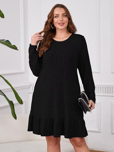 BELAROI Plus Size Sweater Dress Crew Neck Long Sleeve Casual Fall Winter Loose Tunic Dress Pockets Ruffle Hem4