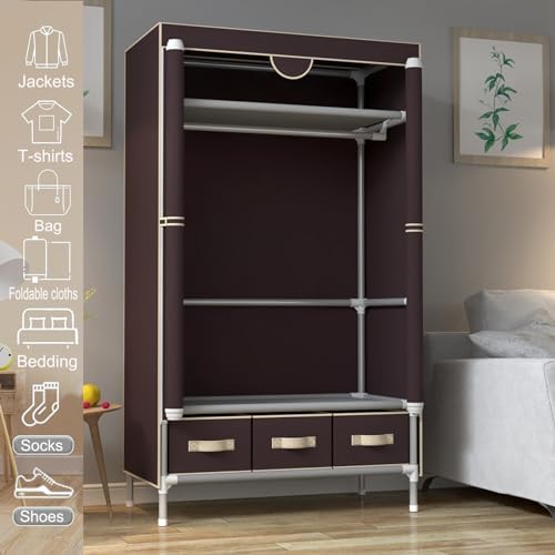 Anmas Power Canvas Wardrobe with 3 Drawers - Portable Closet with Hanging Rail and Shelves, 90x45x170cm Wardrobe for Bedroom, Dark Coffee