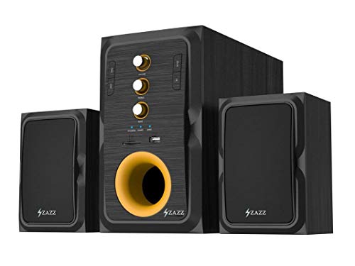 Image of ZAZZ MS2134 2.1 Channel Wireless Bluetooth Multimedia Speaker | Full Wooden Enclosure | Black-Yellow Design | AUX, USB, TF Card & Bluetooth Connectivity | Immersive Sound with LED Light Indicator