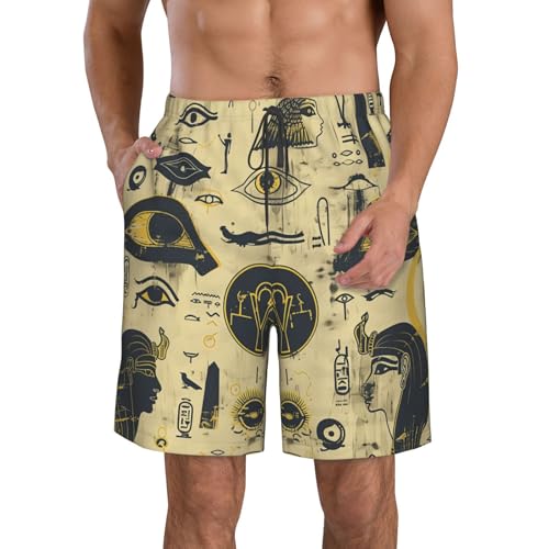 Men's Quick Dry Swim Shorts Egyptian Hieroglyphs Mystical Eye Pharaoh Scarab Vintage Beach Trunks with Pockets
