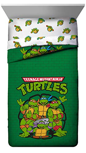 Image of Jay Franco Nickelodeon Teenage Mutant Ninja Turtles Green Bricks 4 Piece Toddler Bed Set - Includes Reversible Comforter & Sheet Set Bedding - Super Soft Fade Resistant Microfiber