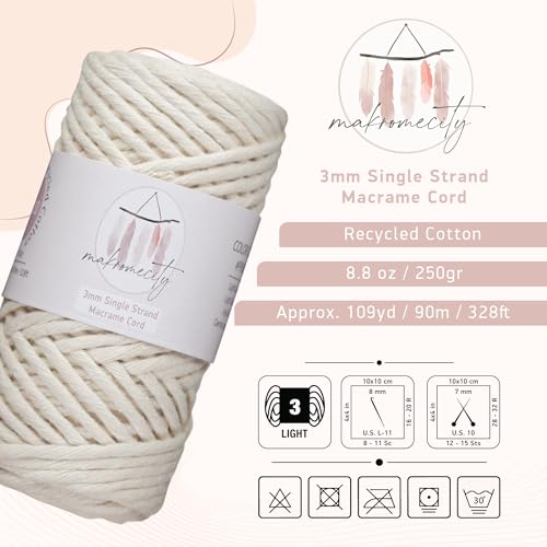 Makromecity, Single Strand Macrame Cord 3 mm x 100 Yards (300 feet) 3mm Single Strand Natural Cotton Cord for Macrame Art & Crafts for Wall Hangings Recycled Cotton Cord Yarn DIY (Ecru, 1 Skein)