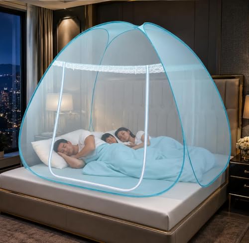 Image of Mosquito Net for Double Bed | King Size Foldable Machardani | 6 x 6 Feet Polyester 30GSM Strong Net |PVC Coated Corrosion Resistant Steel Wire Sky Blue (Rate)