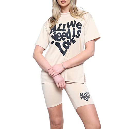 DIGITALSPOT Womens Split Hem All We Need Is love Print T-Shirt Top Ladies Cycling Shorts Co Ord Set
