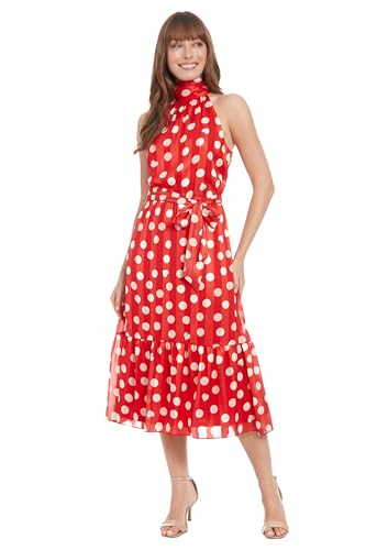 London Times Women's Elastic Waist Halter Dress with Tier and Sash4