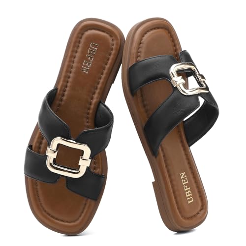 Image of UBFEN Womens Square Toe Flat Sandals Slides Dressy Comfortable for Beach