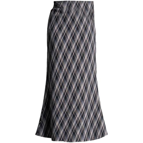 Women's Korean-Style High-Waisted Slim-Fit Midi Knit Plaid Fishtail Skirt