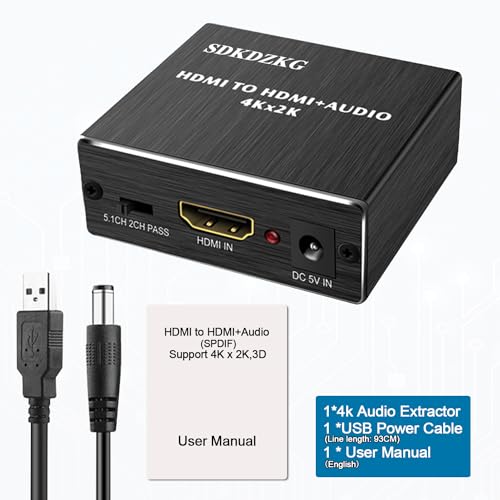 Image of 4K x 2K HDMI Audio Extractor Splitter,HDMI to HDMI Audio and Optical TOSLINK SPDIF Audio Converter Adapter with 3.5mm Stereo Audio Splitter Adapter,Black SDK-A78