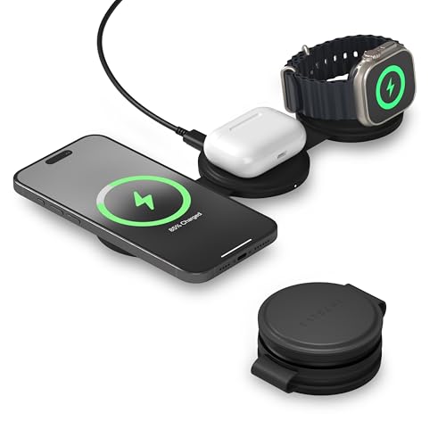Satechi OntheGo 3 in 1 Wireless Charger Qi2 Portable Charger with 15W Fast Charging for iPhone 17 to 12 Series 5W for Apple Watch and 5W for AirPods Magnetic Travel Charging Station Black