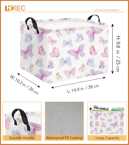 Image of Rectangle Storage Basket with Handles,Collapsible Storage Bin,Books Box,Gift Basket(Pink Watercolor Butterfly)