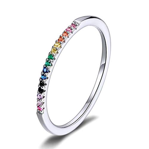 Qings Fashion Rainbow Stackable Ring 925 Sterling Silver Circle Ring Pave Sparking CZ Birthday Gift for Women