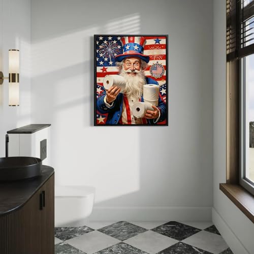 Image of American Flag Framed Canvas Wall Art, Funny 4th of July Bathroom Canvas Prints, Humorous Uncle Sam Toilet Paper Patriotic Decorations, Independence Day Wall Decor for Bathroom Living Room 6x8