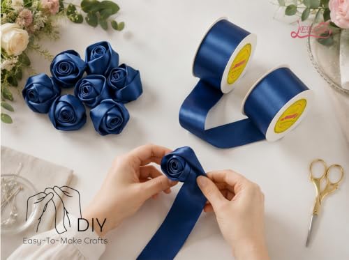 Image of Double Face Navy Blue Satin Ribbon 1-1 /2 inch X 25 Yards Polyester Navy Blue Ribbon for Gift Wrapping Very Suitable for Weddings Party Hair Bow Invitation Decorations and More