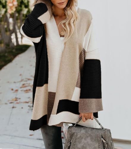 chouyatou Women's Fall Geometric Color Block Open Front Cardigan Sweater Elegant Casual Oversized Coatigan Coat2