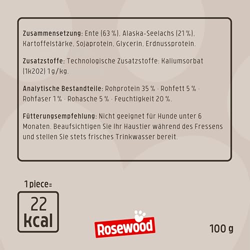 Rosewood Steak Strips Ente & Seelachs – Weiche Leckerlis für Hunde, hoher Fleisch-/Fischanteil, fettarm, ohne Getreide, ohne künstliche Zusatzstoffe, 100 g