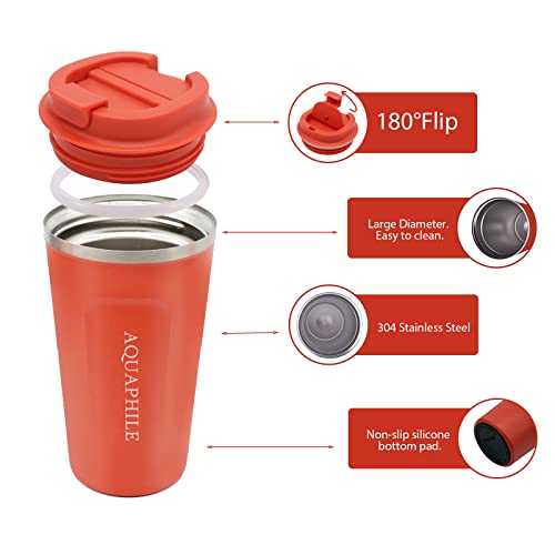 Aquaphile Reusable Coffee Cup, Coffee Travel Mug With Leak-Proof Lid, Thermal Mug Double Walled Insulated Cup, Stainless Steel Portable Coffee Tumbler, For Hot And Cold Drinks（Orange,12Oz) #TOP2