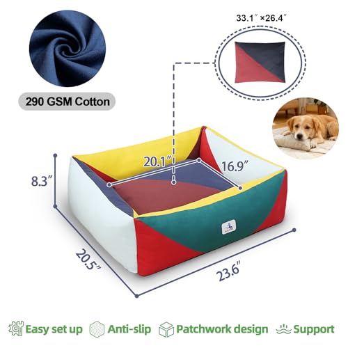 Image of Cotton Canvas Dog Bed, Cute Dog Beds for Small Dogs, Puppy Bed with Washable Removable Cover, Durable 290 GSM Cotton Anti-Chewing Pet Bed with Anti-Slip Bottom (24 inchx20 inchx8 inch, Red&Yellow&Green)