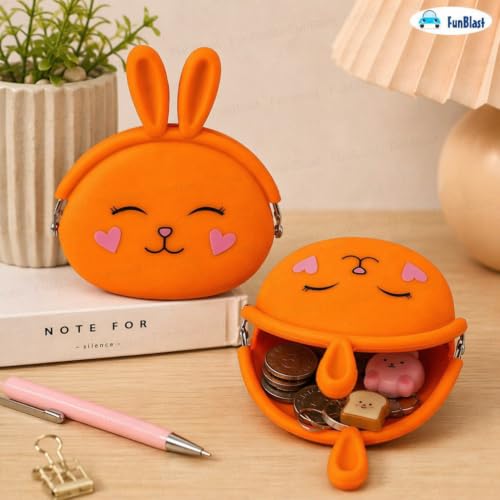 Image of FunBlast Cute Bunny Shape Silicone Coin Purse for Kids & Adults - Mini Pouch for Coins, Earphones, Keys & Small Essentials, Aesthetic Pouches for Girls & Women - 12 X 9.5 X 3 Cm (Bunny-Orange)