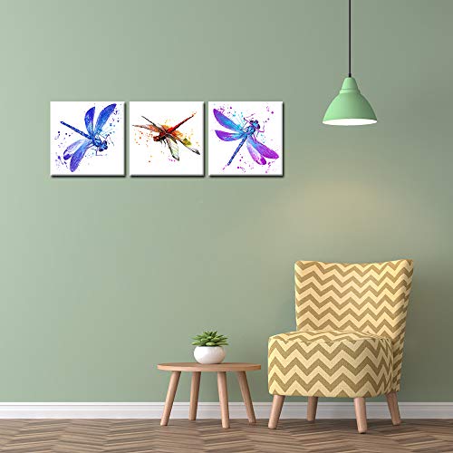 Iknow Foto 3Pcs Modern Art Beautiful Dragonfly Art Canvas Wall Print Watercolor Paintings Insect Nature Pictures Giclee Artwork Stretched And Framed Ready To Hang For Home Decoration 12X12Inchx3Pcs #TOP3