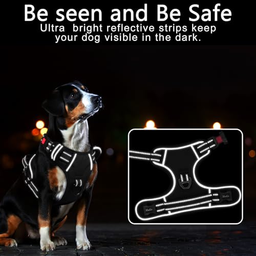 HEELE Hundegeschirr, Brustgeschirre für Hunde, Laufgeschirre Hund mit abschließbarem Schnappverschluss, einstellbare reflektierende Hundegeschirre, Offen am Hals, Anti Zug Dog Harness, Schwarz, L