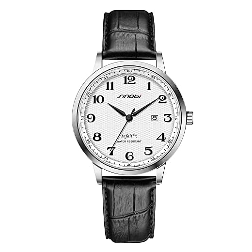 SHENGKE SINOBI Relojes clásicos de Negocios para Hombre Números arábigos Easy Reader Relojes de Pulsera para Hombres con Calendario Fecha Resistente al Agua (Silver-Black-Leather)