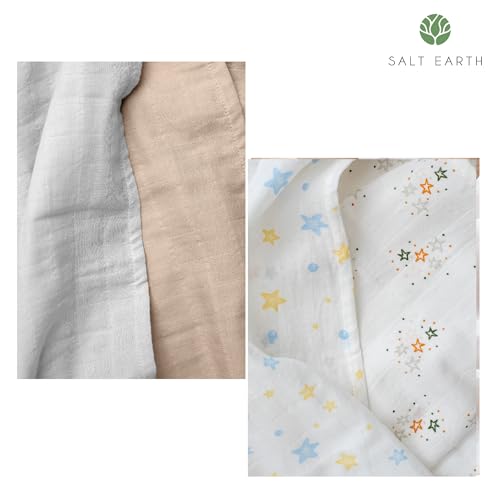 Image of Salt Earth GOTS Certified 100% Organic Cotton 2-Layered Swaddle Baby Blanket, 4 Pack, 47 inchx 47 inch Receiving Blankets for Swaddling, Wrap for Boy & Girl, Newborn Baby Essentials, Registry (Solids & Stars)
