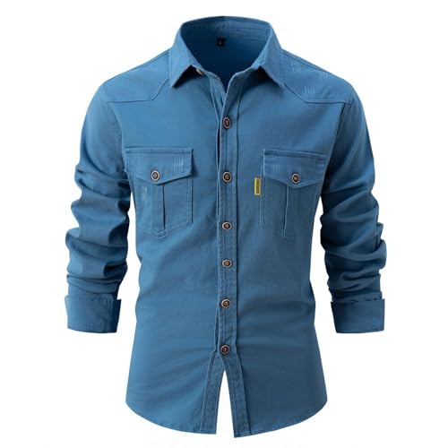 Image of Lu's Chic Men's Shirt Jacket Soft Trucker Long Sleeve Cotton Shacket Fall Classic Button Casual Western