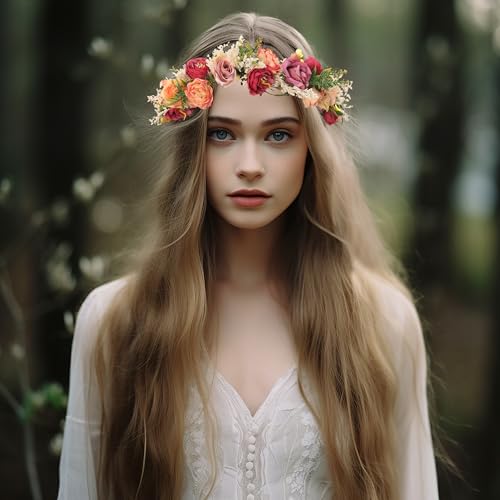 Vivivalue Rose Flower Crown Boho Flower Headband Hair Wreath Floral Headpiece Halo with Ribbon Wedding Party Festival Photos Pink - Thumbnail 2